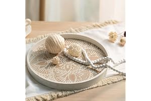 Hanobe Round Wood Decorative Tray: Rustic Coffee Table Tray with Wood Beaded Garland Farmhouse Tray Decor White Washed Boho C