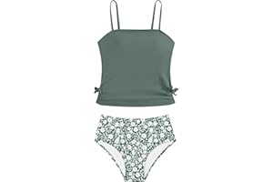QUEENSTYLE Girls Tankini Swimsuits Two Piece Bathing Suit Drawstring Swimwear Set for Girls 7-14 Years