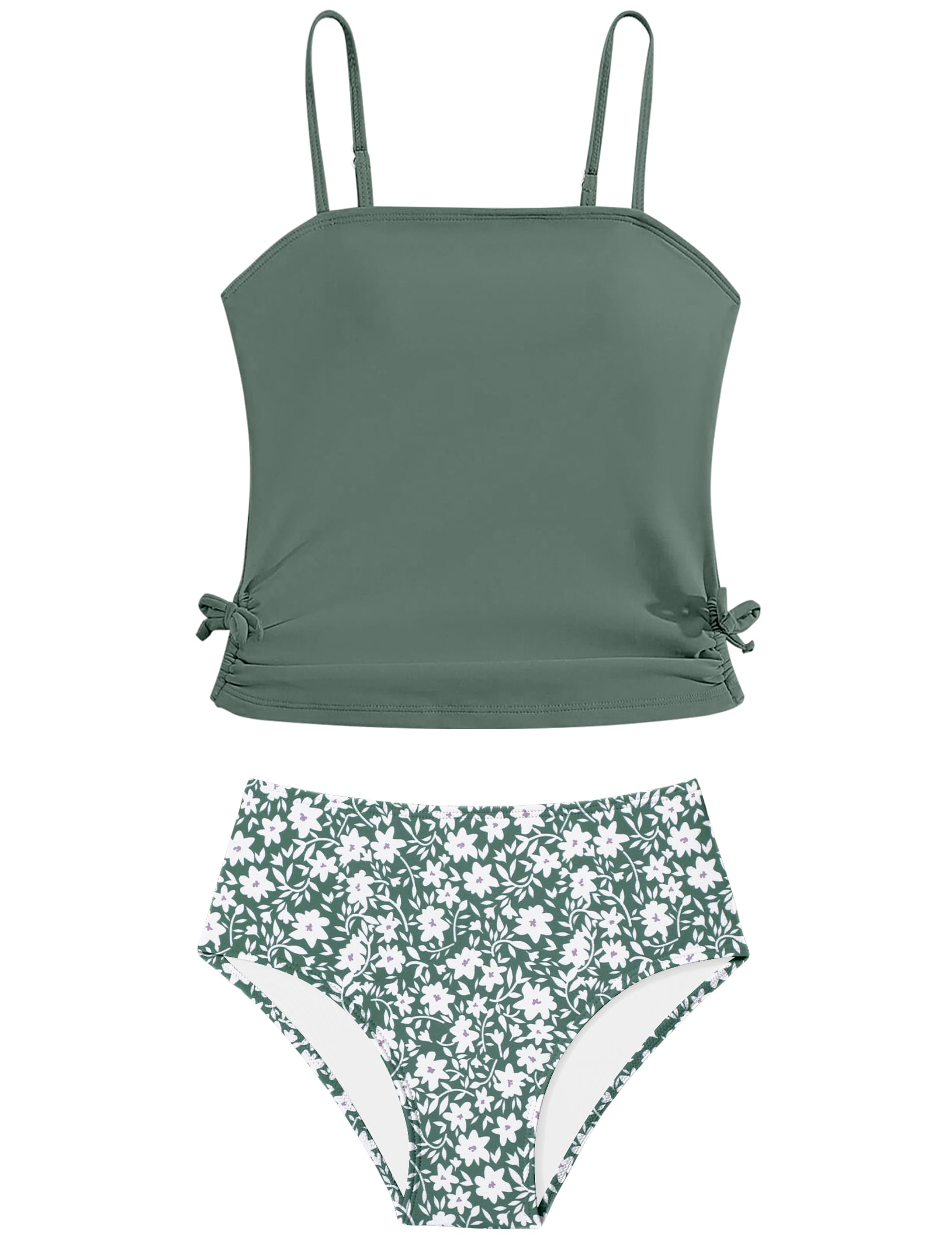 Photo 1 of Queenstyle Girls Swimsuit Size 10 12 Tankini Set Kids Bathing Suits Green Floral Two Piece Girls' Swimwear Size 10-12 Adjustable Spaghetti Straps