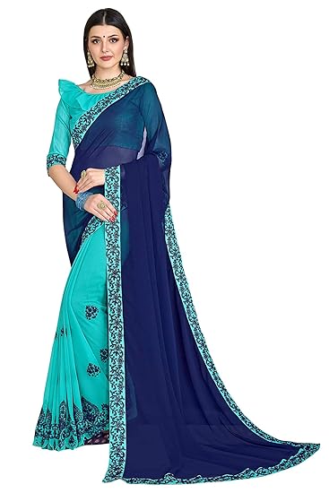 Womens Georgette Embroidery Saree (Diva104_Blue_Blue)