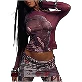 SHENHE Women's Y2k Panther Shirt Sheer Mesh Long Sleeve Sexy Fall Going Out Cropped Top