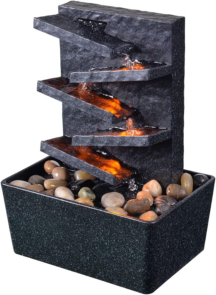 Indoor Fountains & Accessories - GOSSI 9.7 in Indoor Relaxation Tabletop Fountain with Reflective Lighting and River Rocks Meditiation Ladder Water Foundtain Home/Office Desktop Decoration