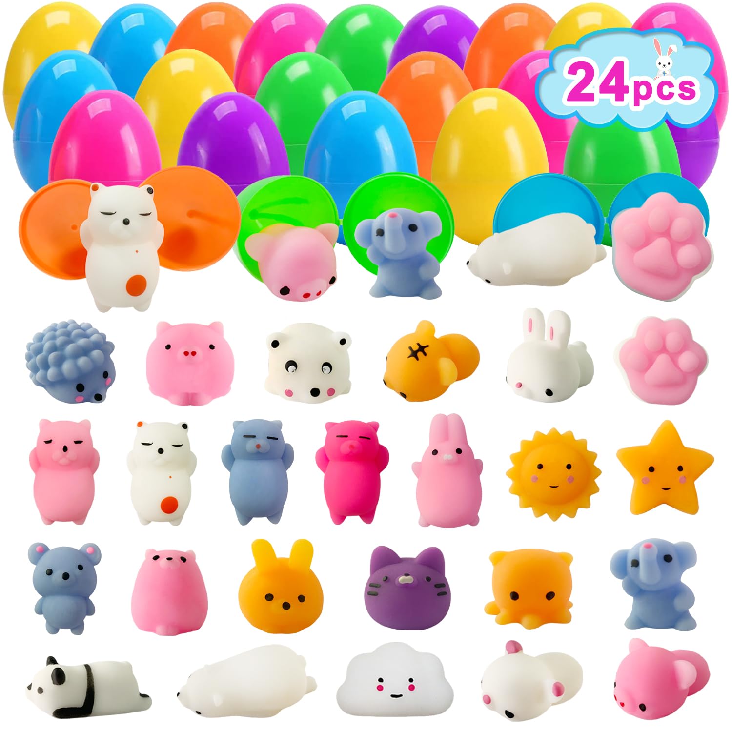 24 Pack Fillers Easter Eggs with Mochi Squishy Toys Surprise Mini Kawaii Animal Squishies Stress Relief Toys for Easter Basket Stuffers Hunt Theme Party Favors Classroom Prize Supplies