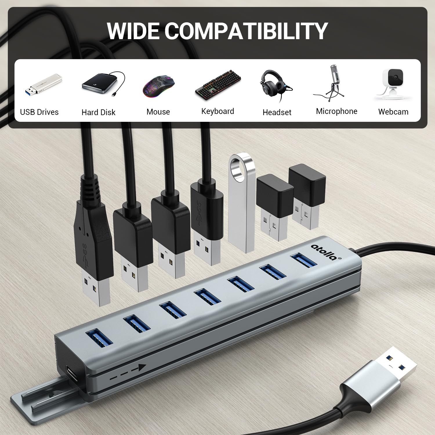 8-Port USB 3.0 Hub mit Aluminium Tischmontage Design, USB Verteiler Adapter mit 100cm Lange Kabel, 5Gbps USB3.0 Datenanschluss, Typ-C Power Port für Desktop, PC, Laptop, Maus, U-Disk 2