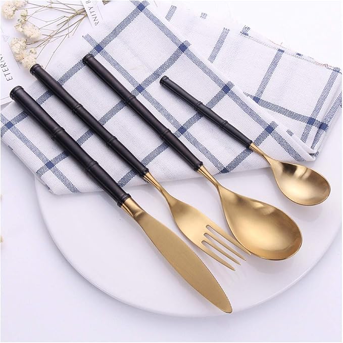 4 Pieces Bamboo Type Black Gold Dinnerware Stainless Steel