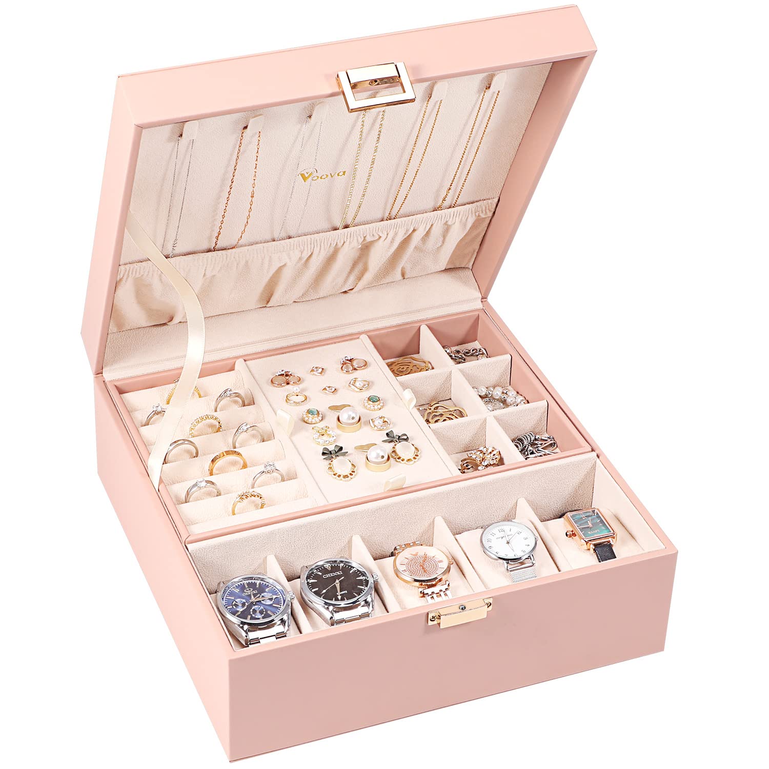 Voova Jewellery Box Organiser for Men Women Girls, Large Watch Storage Case, 2 Layer PU Leather Jewelry Display Holder with Removable Tray for Watches Sunglasses Rings Earrings Necklace, Gifts, Pink
