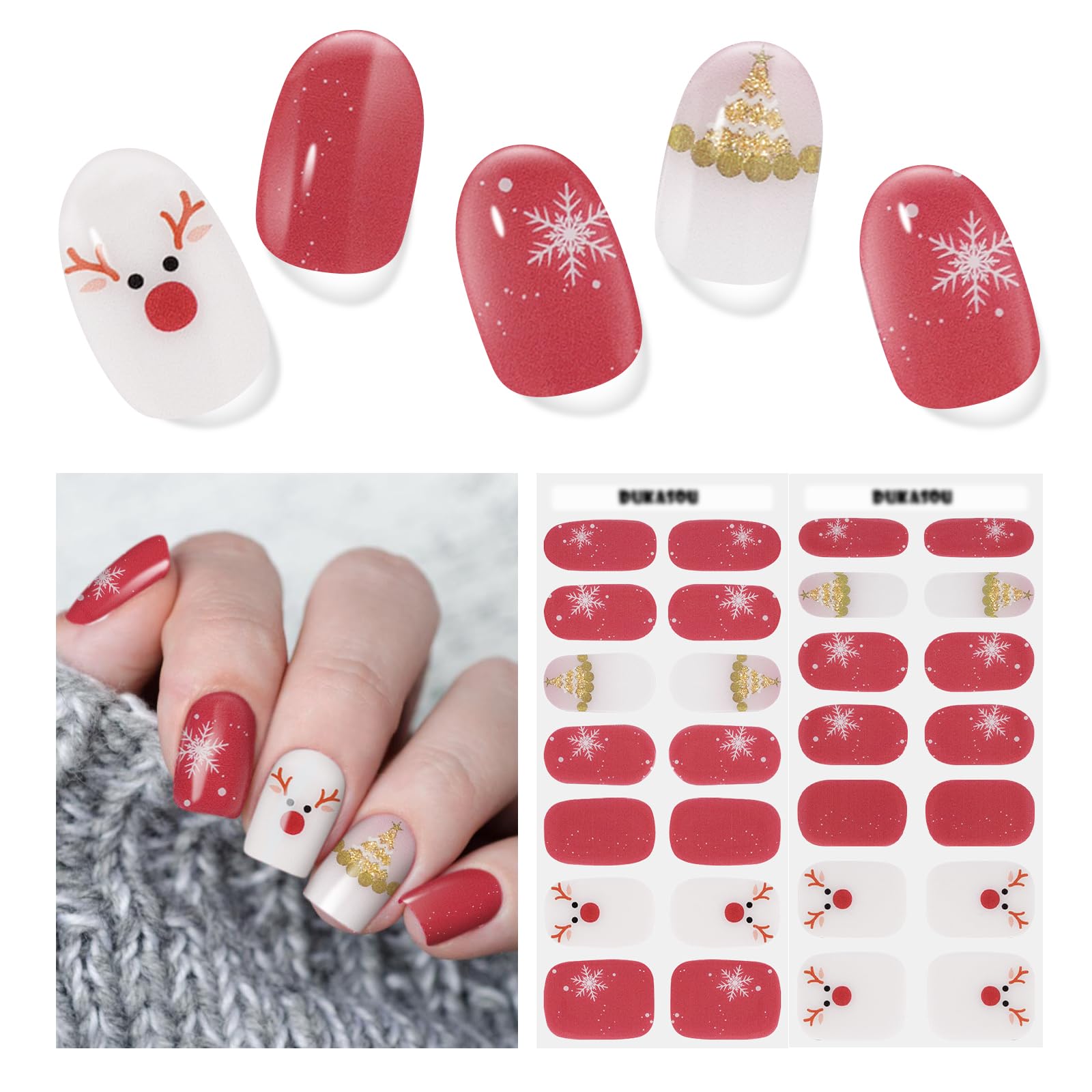 Semi Cured Gel Nail Strips, 28 Pieces Christmas Nail Stickers Wraps, Snowflake Art Stickers Works with Any UV Lamp (Christmas Red)