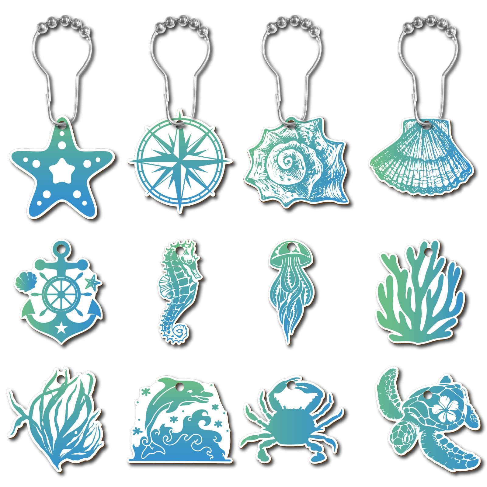 CREATCABIN 12Pcs 12Styles Sea Animal Shower Curtain Rings Blue Ocean Shower Curtain Hooks Stainless Steel Shower Rings Hooks Decorative for Bathroom Shower Curtains Rods Hangers Set of 12 โ image 1