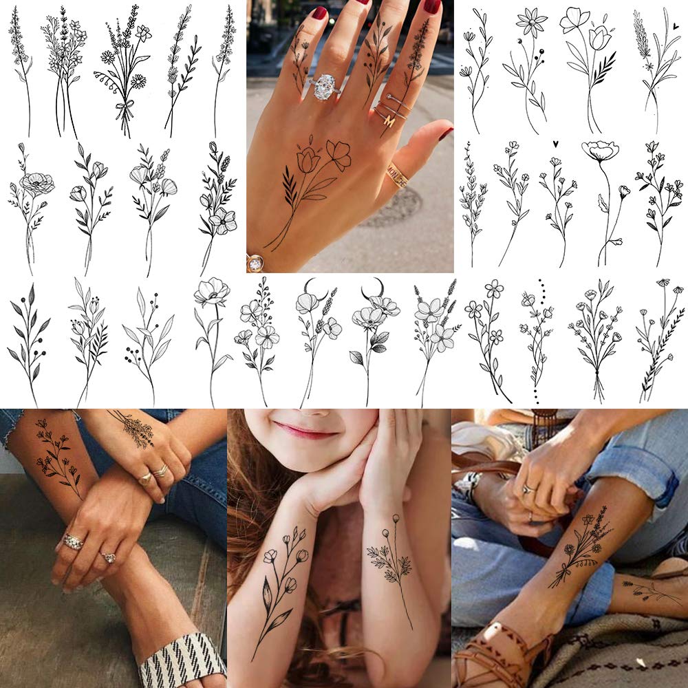 FANRUI 15 Sheets FANRUI Sexy Tiny Branch Black Flower Temporary Tattoos For Women Girl Neck Realistic Floral Bouquet Small Tattoo Temporary Lavender Fake Tattoo Sticker For Adults Face Hands Kit