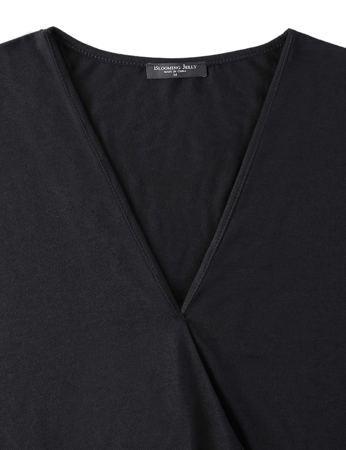 BMJL Women\'s V Neck T Shirt Drape Lace Splicing Puff Sleeve Top Loose Blouse (L,Black)