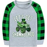 CM-Kid Toddler Boys Girls St Patricks Day Shirts Clover Dino Tractor Irish Green Plaid Sleeve Tshirt for Kids Tops 2-7 Years