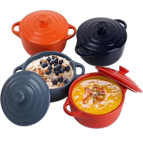 Red Round Ramekins Jucoan 4 Pack Porcelain Ramekin with Lids and Handles Oven Safe, 8 oz ...