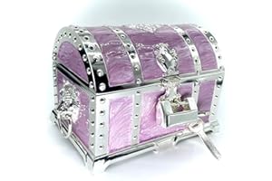 TRUEWON Vintage Metal Jewelry Chest Treasure Trinket Box, Gem Storage Tray Ring Earrings Necklace Keepsake Gift Holder Case Bag for Girls Ladies Women (Large Silver Lavender With Tray)