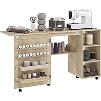 HOMCOM Folding Sewing Table with Drop Leaf, Rolling Craft Table with Rattan Door, Storage Shelves, Bins, Pegs, Lockable Wheel