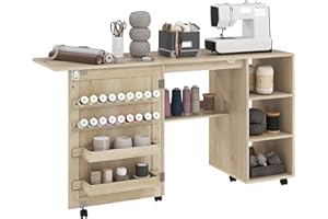 HOMCOM Table de couture pliante avec feuille tombante, table à roulettes avec porte en rotin, étagères de rangement, bacs, ch