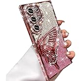 Changjia for Samsung Galaxy S23 Ultra Glitter 3D Butterfly Case,Cute Luxury Bling Sparkly Diamond Rhinestones Liquid Flowing Case with Camera Lens Protector Women Girls Cover for Galaxy S23 Ultra,Pink
