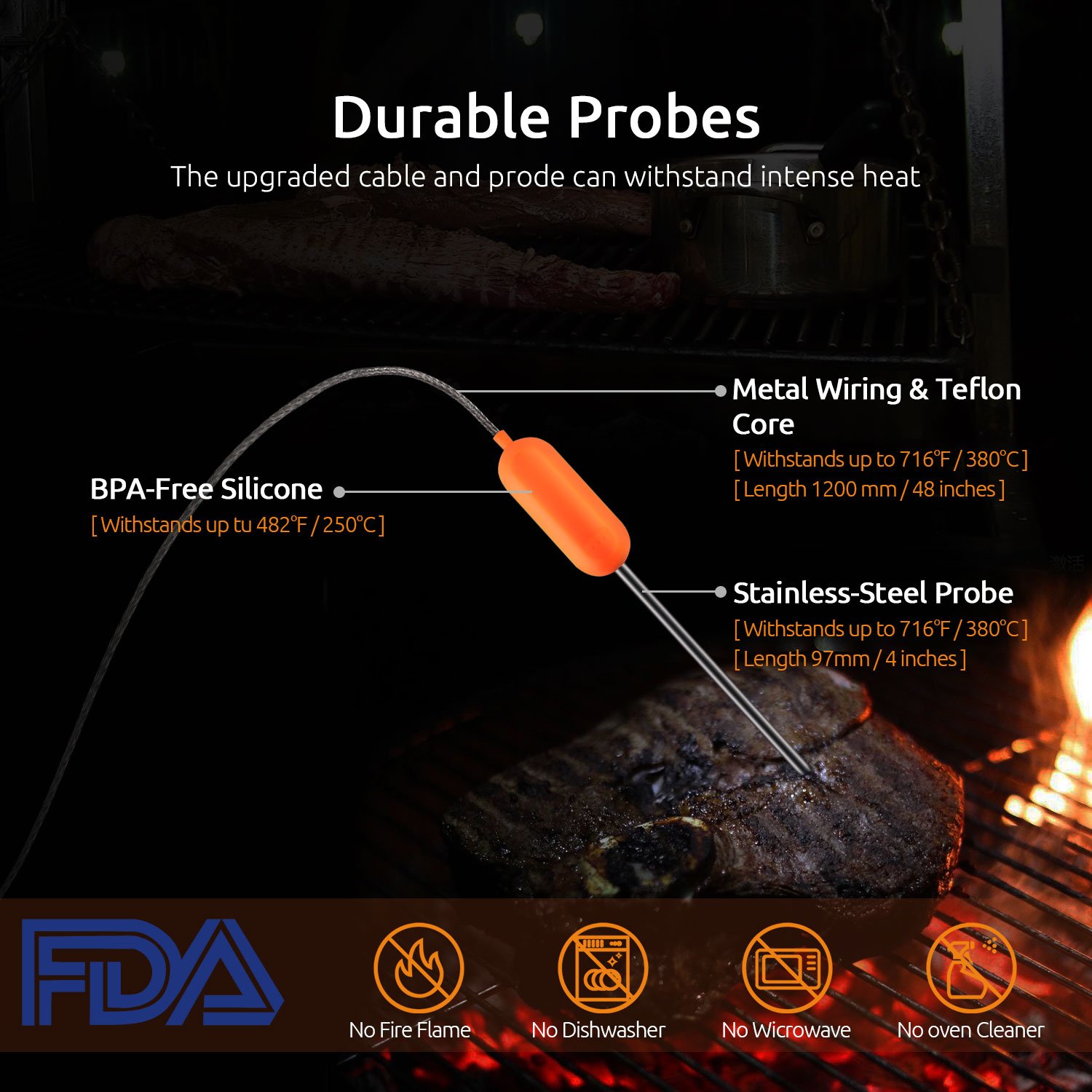 Meat Thermometer Wireless Smart Digital Bluetooth Super Fast Instant Read 6 Long Probes Grill Thermometer, Phone App Wifi Remote Food Thermometer for Kitchen Cooking Food BBQ Grill Candy Smoker ( IOS & Android )