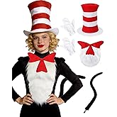 GVVJYXD 5 Pcs Cat Hat Costume Accessories Adult,Red White Striped Hats/Red Bow/Furry/Gloves/Tail,Book Day Dress Up