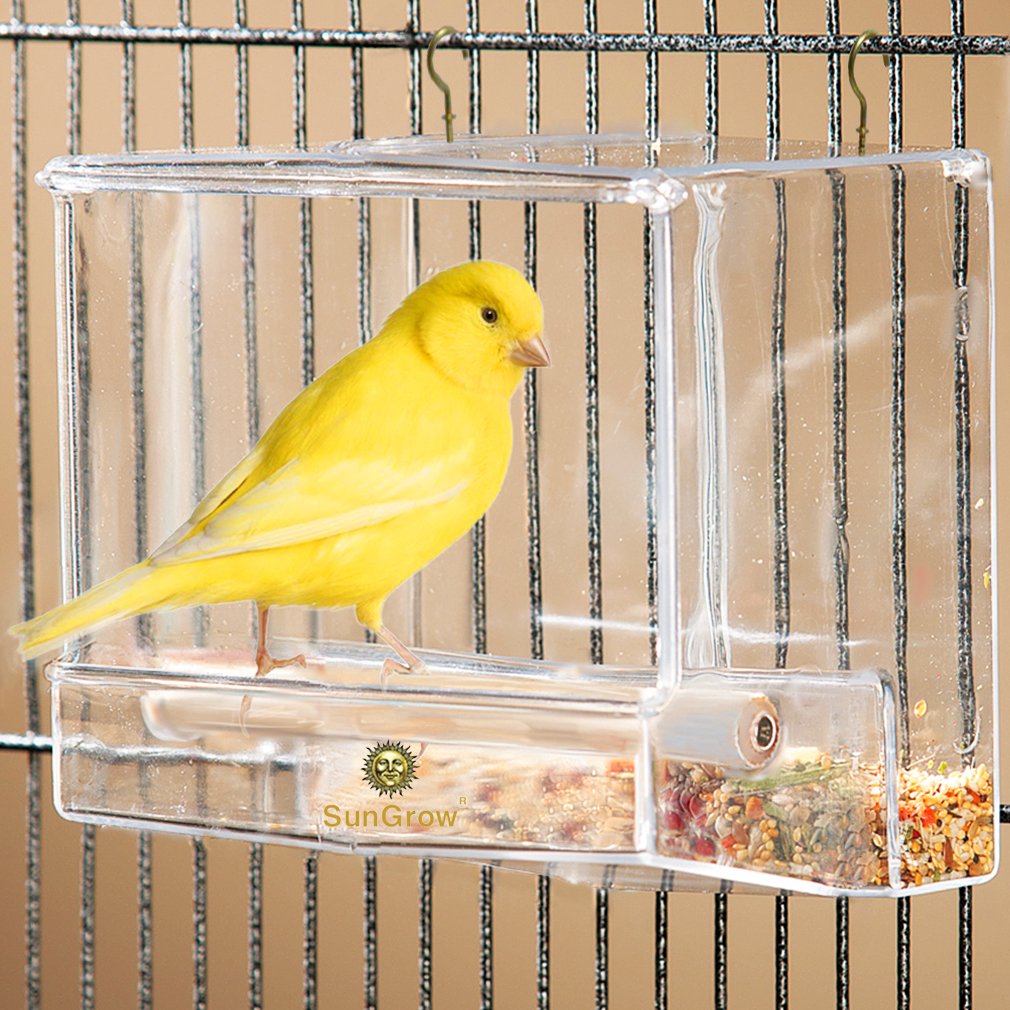 Acrylic Glass Bird Feeder Set -- Spill-proof, Crystal clear - Easy to install with 2 Hooks, Economical - Perch provides enjoyable eating time to Finch, Parakeet, Sparrows - Perfect for all Cage Sizes