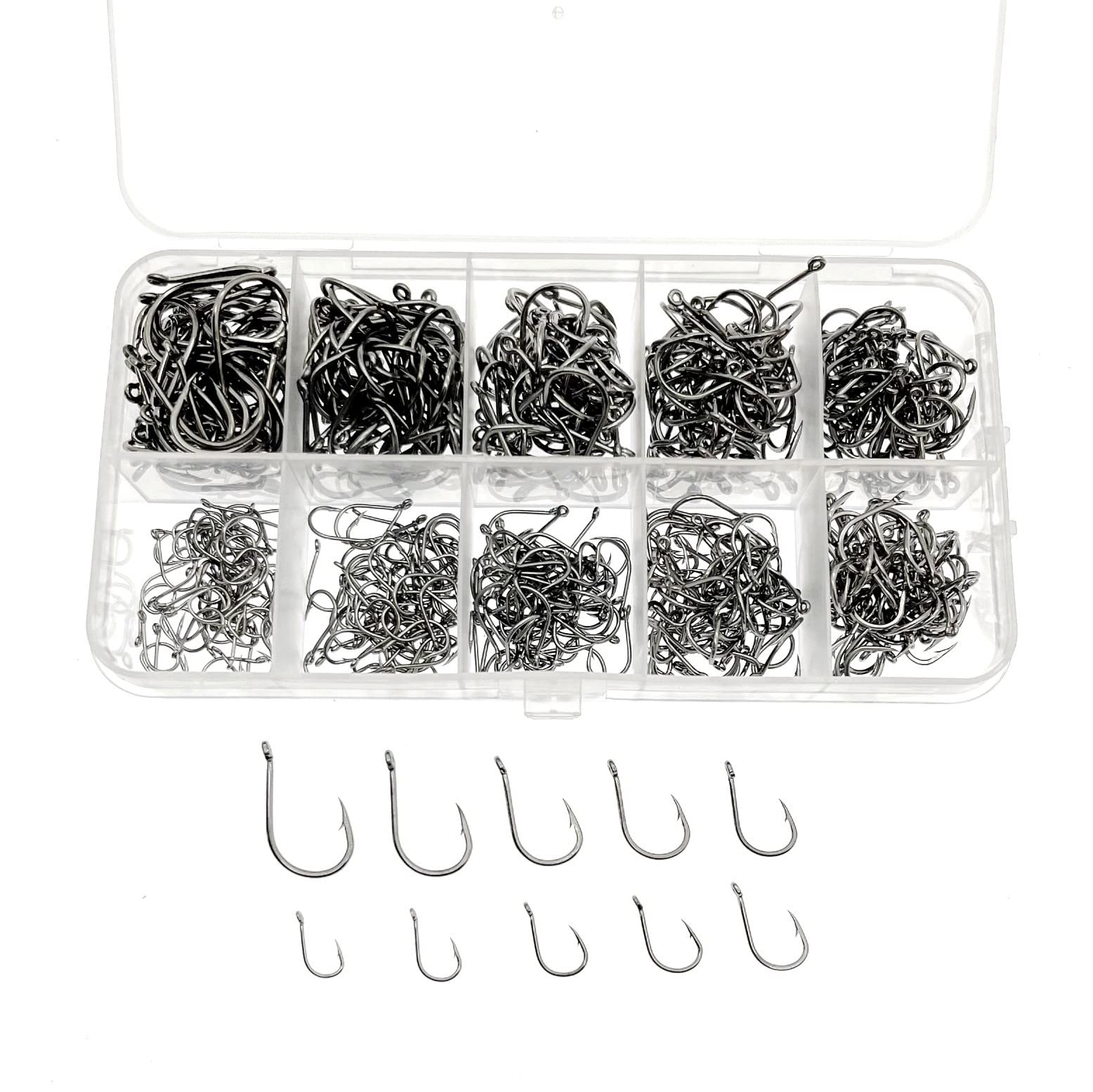 JZK 600pcs assorted Size 3 4 5 6 7 8 9 10 11 12, Carbon Steel Fishing Hooks with Eyes, Small Fish Hooks with Barb, Circle Fishing Hooks with Plastic Box