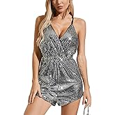 Tenabell Women's Sequin Romper Sparkly Short Jumpsuit Glitter Sleeveless Backless Disco Outfit