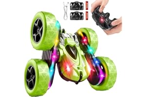 Zalneo Remote Control Car – 4WD 360° Flip Double‑Sided RC Stunt Car LED Light Bar & USB‑C Modular Battery, Off‑Road Toys for Boys Ages 6‑12, Birthday Gift, Black‑Green