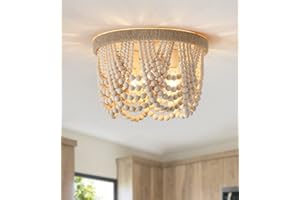 AMZASA Wood Beaded Flush Mount Ceiling Light Farmhouse Rustic Small Boho Chandelier Light Fixture for Bedroom Hallway Entryway Closet Kitchen Dining Room Living Room Nursery 3-Lights