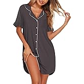 Ekouaer Nightgowns for Women Button Down Sleep Shirts Short Sleeve Night Shirts V Neck Sleepwear Boyfriend Pajama Dress