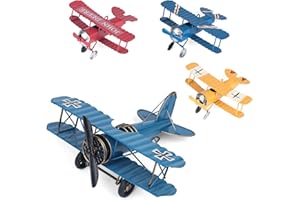 Phirown Vintage Airplane Decor,Airplane Cake Topper,4 Pack Retro Metal Plane Ornament for Home,Hanging Aircraft Biplane Handicraft for Christmas Birthday Gifts(Blue Large and Three Small)