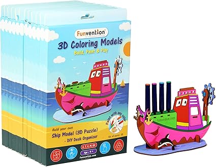 Funvention Ship - 3D Coloring Model (Pack of 12) - DIY Desk Organizer Pen Stand - STEM Leanring 3D Puzzle Toy - Art, Coloring and Painting Kit for Kids - Birthday Return Gift,DIY Party Pack for Kids