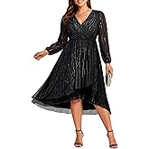 Talisea Plus Size Cocktail Dress - Formal Wedding Guest Fall Long Sleeve A Line Pleated V Neck Midi Dresses for Curvy Women