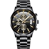 CRRJU Men's Fashion Stainless Steel Watches Date Waterproof Chronograph Wristwatches,Black Steel Band Waterproof Quartz Watch for Men