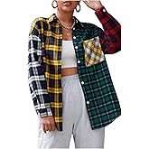 Floerns Women's Tartan Color Block Long Sleeve Plaid Button Down Blouse