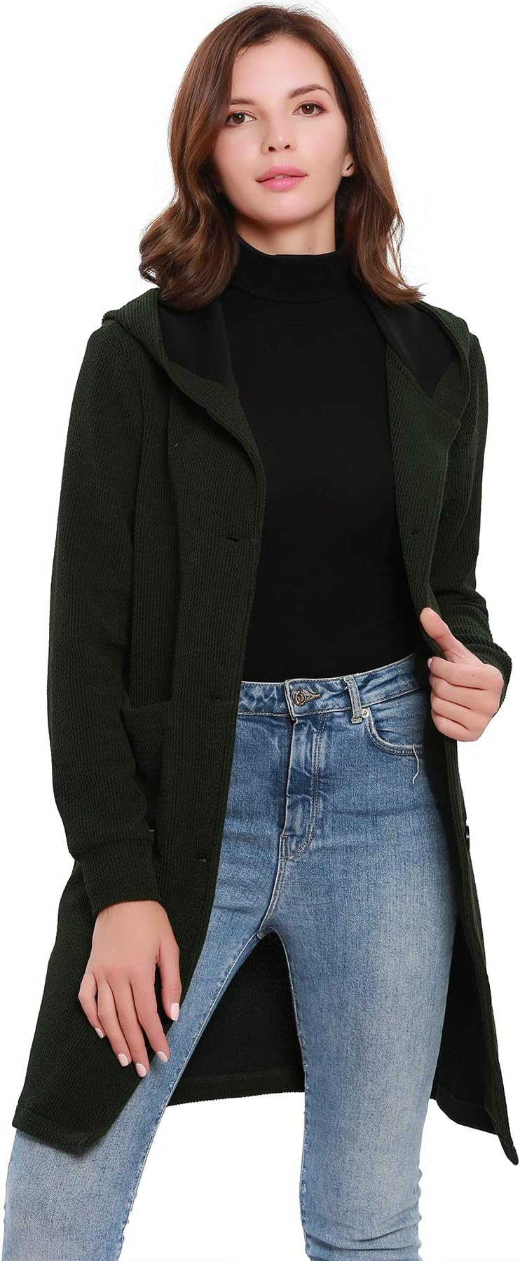 Women Button Up Ribbed Long Hoodie Long Sleeve Jacket Outwear with Pockets