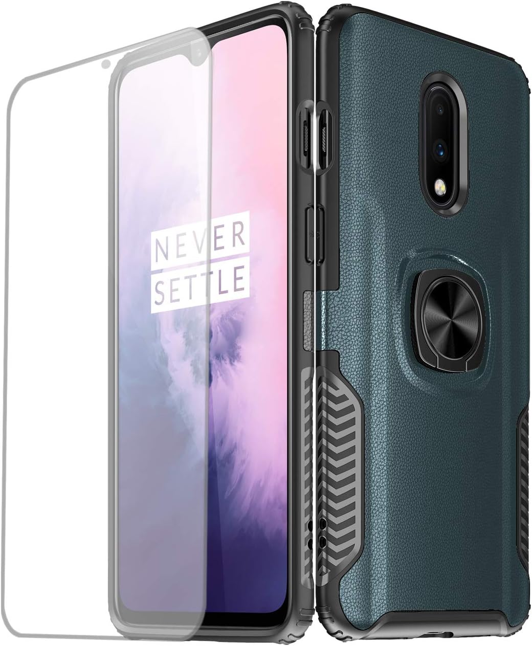Udomax OnePlus 7 Case,360 Degree Rotating Ring Kickstand Fit Magnetic Car Mount Cases for OnePlus 7,Ultra-Slim OnePlus 7 Tempered Screen Protector(as Gifts),Cyan Blue