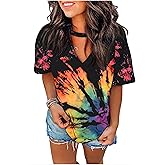 Sexy V Neck T Shirts for Women Tie Dye Hollow Out Blouse Tops Summer Loose Casual Shirt Country Music Graphic Tee Shirts