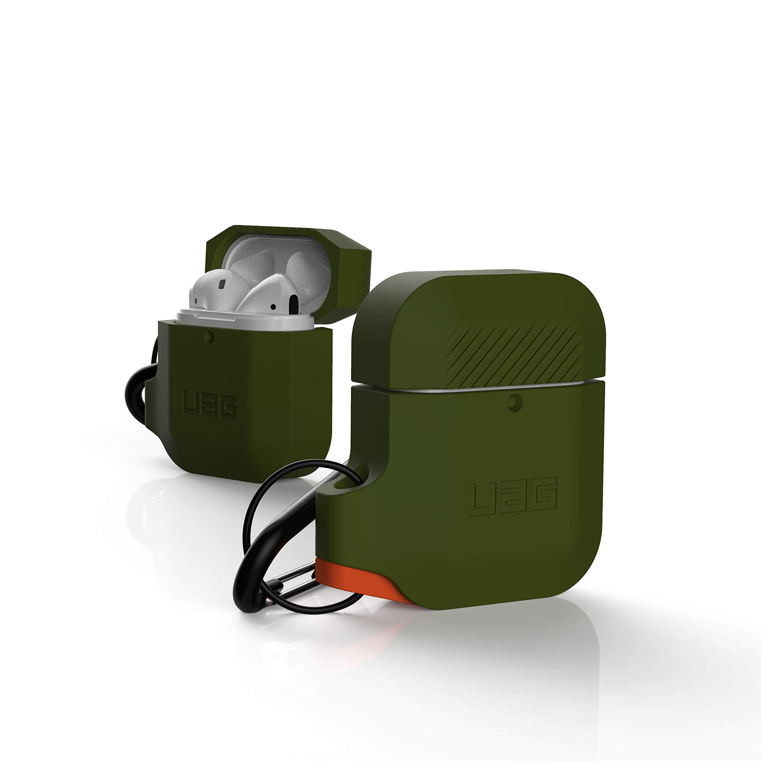 URBAN ARMOR GEAR UAG Compatible with AirPods (1st Gen & 2nd Gen), Full-Body Protective Rugged Water Resistant Soft-Touch Silicone Case with Detachable Carabiner, Olive Drab/Orange