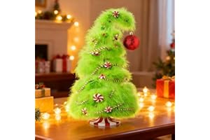 BUNNY CHORUS Grinchmas Christmas Decorations, Green Fuzzy Grinchmas Christmas Trees with Peppermint Ornaments, Plush Fur Christmas Decor for Table Centerpieces Dining Home Mantel