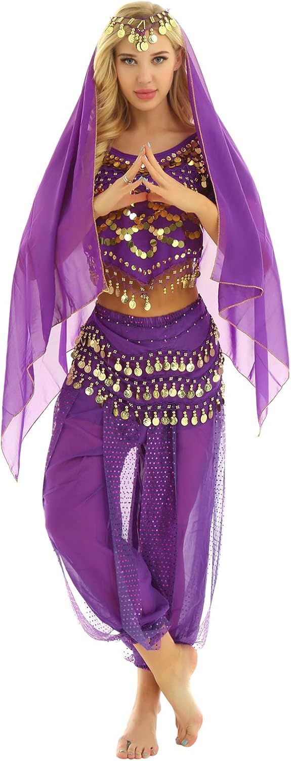 inlzdz Women Ladies 2PCs/4PCs Indian Dance Dress Belly Dance Outfits Halloween Fancy Dress Costumes Purple One Size - Image 3