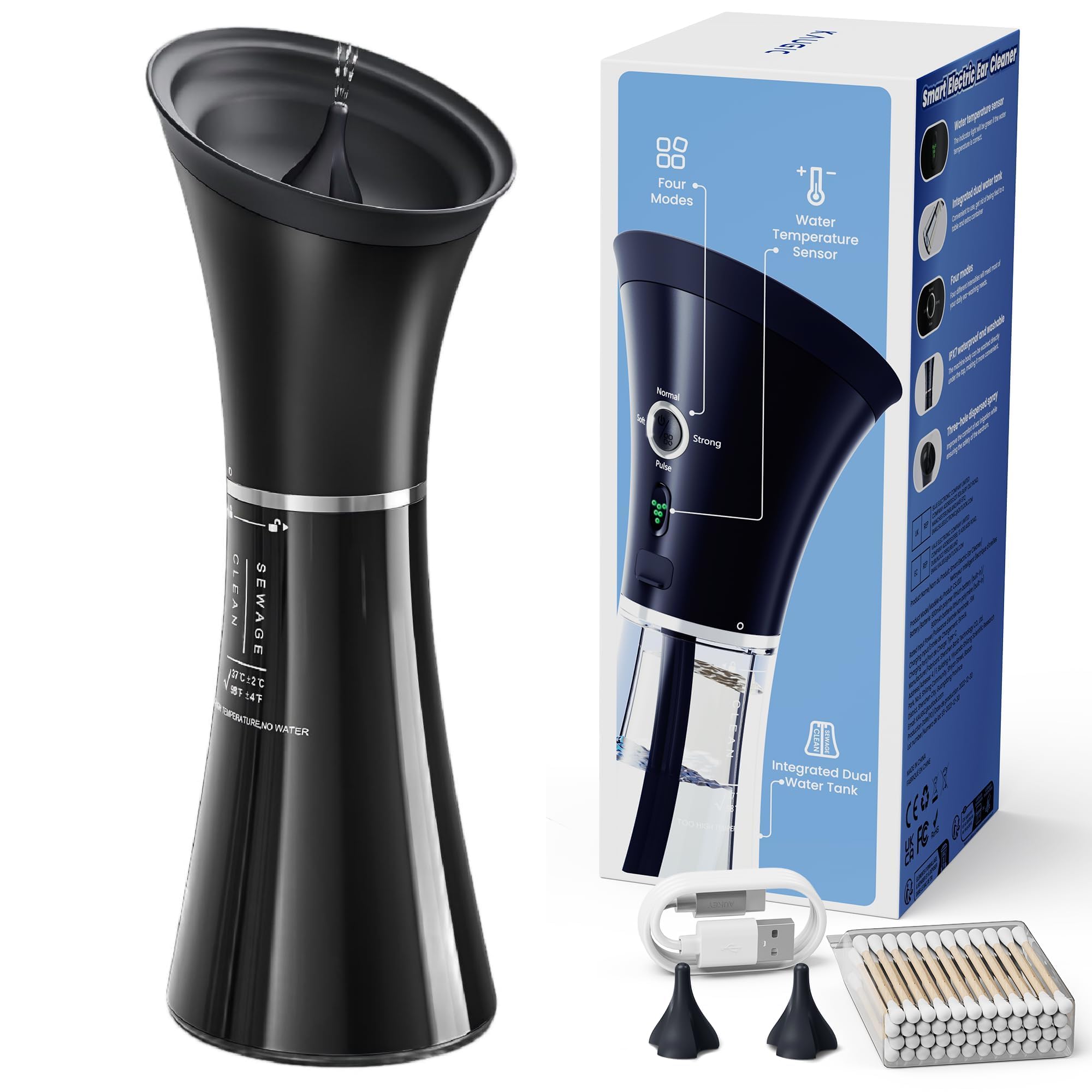 KAUGIC Upgraded Ear Wax Removal with One-Piece Waste Tank, Safe Cleaner with Water Temperature Sensor, Effective Ear Irrigation Kit & USB-A to C Cable, IPX7, Black