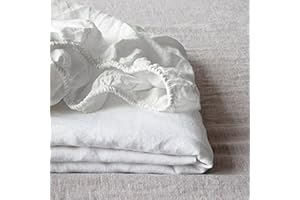 Simple&Opulence 100% Linen Fitted Sheet Queen(1 Piece), 14 Inch Deep Pocket Mattress Cover Natural French Flax Stone Washed Farmhouse Soft Breathable Bottom Sheets-White