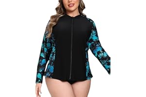Halcurt Women's Plus Size Rash Guard Long Sleeve Swim Shirts Full Zip Swimsuit Top UPF50+ Loose Fit Bathing Suit