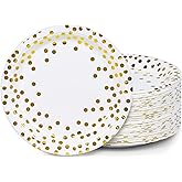 MATICAN Party Paper Plates, 100-Pack Disposable White and Gold Plates, Foil Polka Dots, 9-Inch
