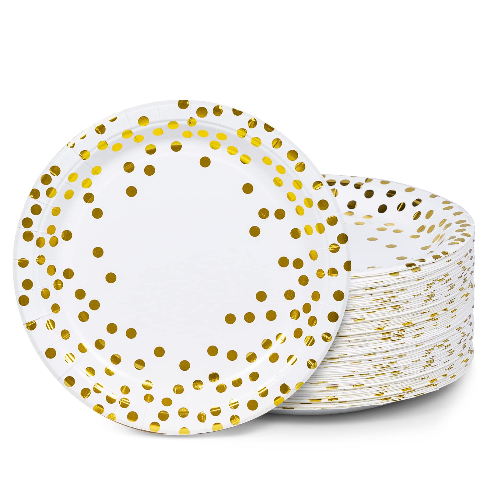 MATICAN Party Paper Plates, 100-Pack Disposable White and Gold Plates, Foil Polka Dots, 9-Inch