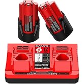 2 Pack 12V Replacement for Mil-Waukee M 12 Battery 48-11-2420 48-11-2425 48-11-2411 48-11-2401 & 48-59-2401 Dual Port M 12 Charger