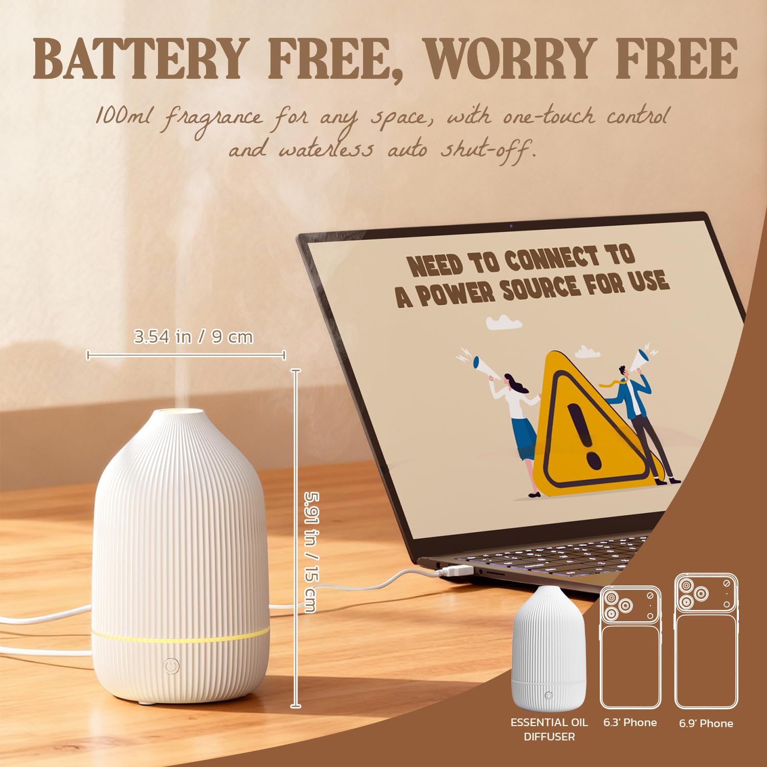 Essential Oil Diffuser, 100ml Aromatherapy Diffuser, Mini Ultrasonic Diffuser for Essential Oil, Home, Office, Cool Mist Humidifier with 7 Led Light, Auto Shut-Off, White