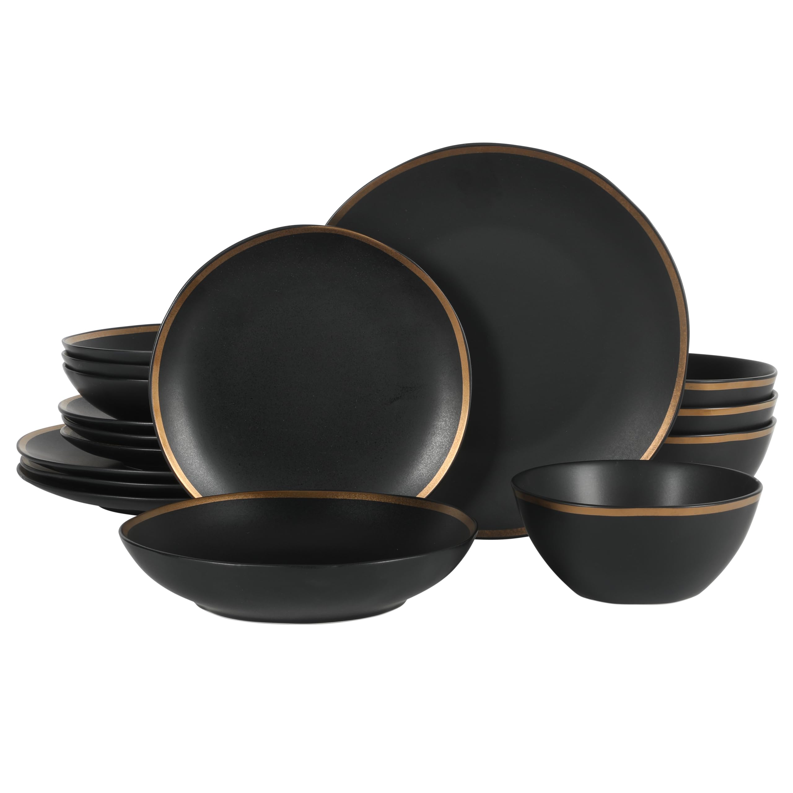 Gibson Elite Kings Road Double Plates and Bowl Organic Round Porcelain Dinnerware Set - Matte Black w/Gold Rim Image