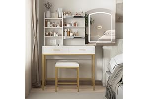 Fameill Vanity Desk with Sliding Mirror and Lights,Makeup Table with Power Strip and 2 Drawers Lots Storage,White Vanity Table with LED Lighted Mirror,3 Lighting Colors,35.4in(L)