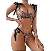SOLY HUX Lingerie for Women 2 Piece Embroidery Mesh Sheer Underwire Bra and Panty Lingerie Sets