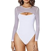 Avidlove Bodysuits for Women Round Neck Shapewear Bodysuit Long Sleeve Bodysuit Sexy Mesh Top Double Lined Cutout Shirt